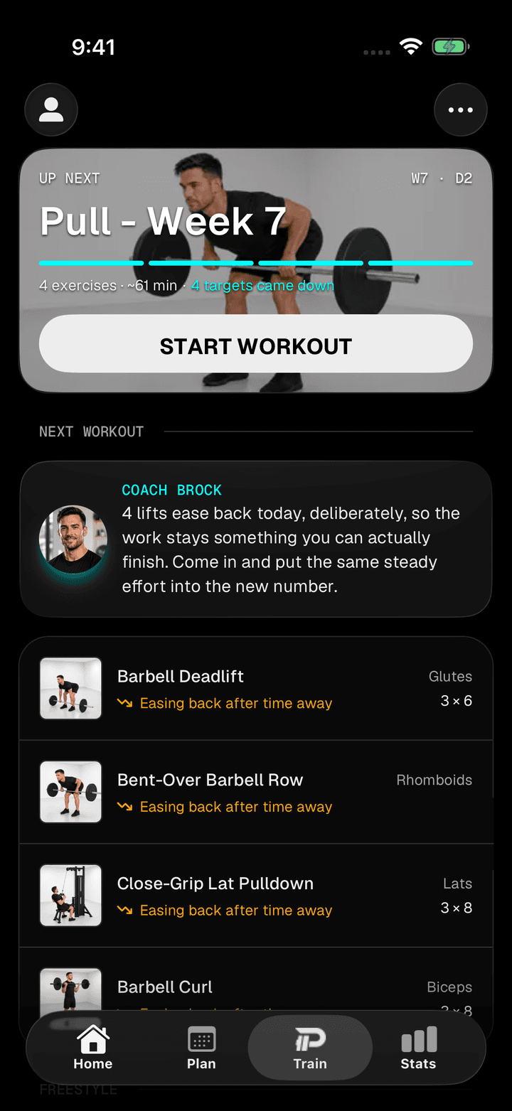 PUMPD Train tab: Pull – Week 7, four exercises, about 61 minutes, four targets eased back after time away, and a Start Workout button