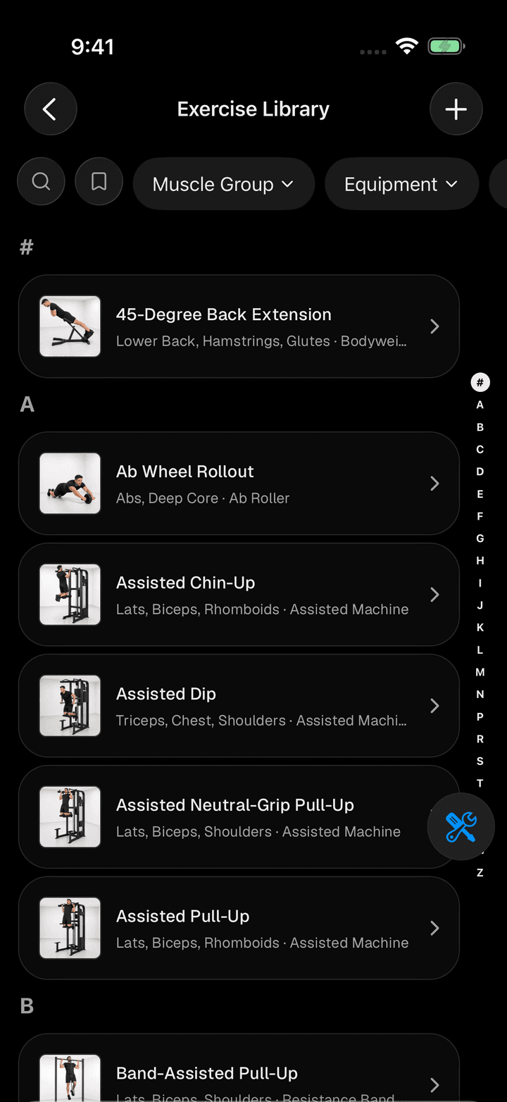 PUMPD exercise library filtered by muscle group and equipment