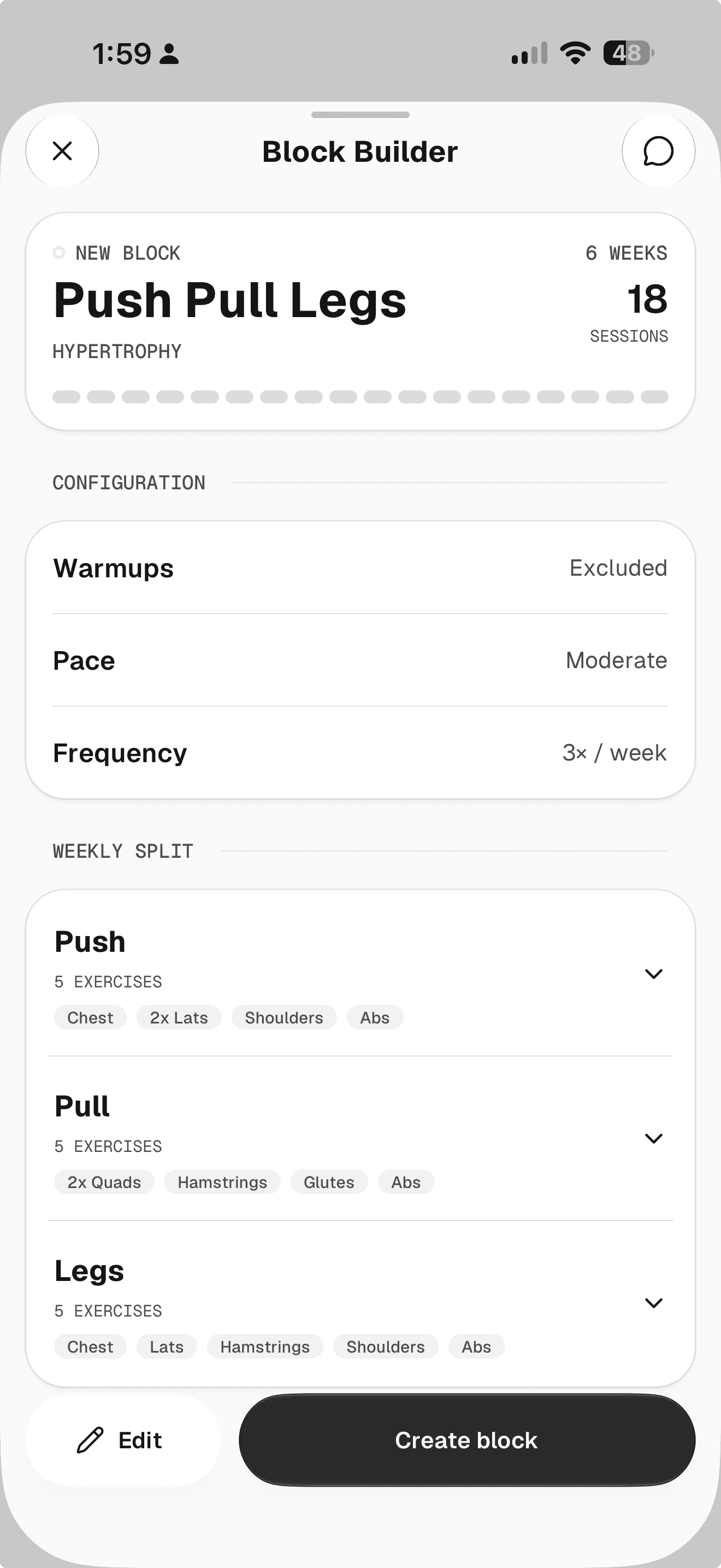 PUMPD Block Builder review for a six-week Push Pull Legs block with 18 sessions