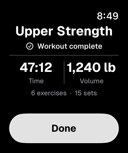 Completed workout summary in PUMPD on Apple Watch