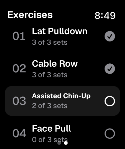Reviewing the workout exercise list in PUMPD on Apple Watch